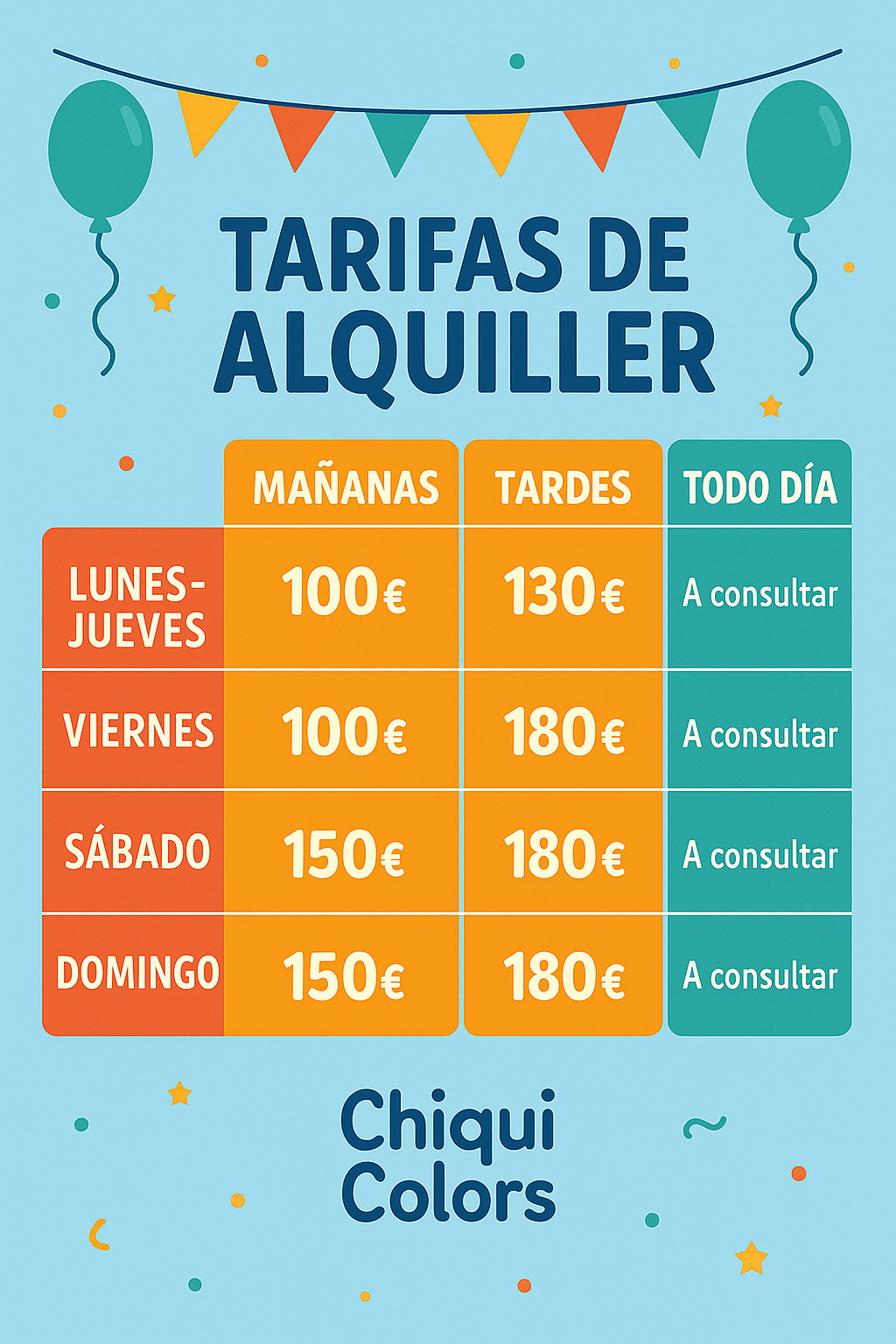 Tarifas y normas de Chiqui Colors